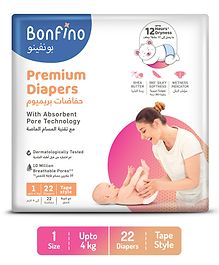 Bonfino Premium Tape Style Diapers With Absorbent Pore Technology New Born - 22 Pieces