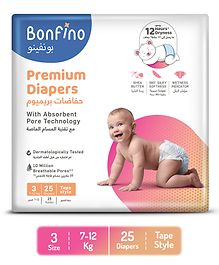 Bonfino Premium Tape Style Diapers With Absorbent Pore Technology Medium - 25 Pieces