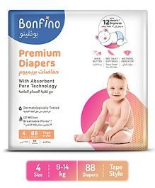 Bonfino Premium Tape Style Diapers With Absorbent Pore Technology Large - 88 Pieces