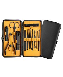 Dr Foot 12 In 1 Professional Manicure Set With Black Leather Travel Case - Black And Yellow