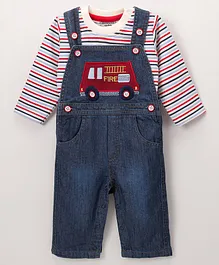 Wonderchild Full Sleeves Striped Tee With Fire Truck Embroidered Dungaree - Blue