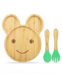 Starkiddo Teddy Bamboo Suction Plate and Learning Weaning Set - Green