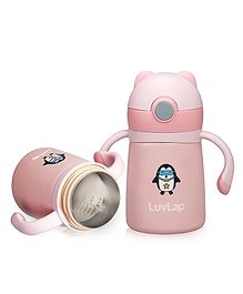 LuvLap Stainless Double Walled Steel Body Straw Sipper Bottle Penguin Shape Pink - 300 ml