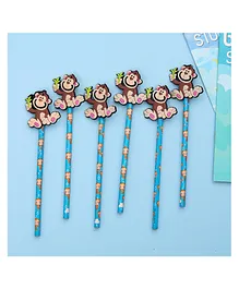 Yellow Bee Pencil with Monkey Motifs Pack of 6 - Blue