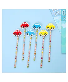 Yellow Bee Pencil with Car Motifs Pack of 6 - Blue Yellow Red