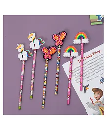 Yellow Bee Pencil with Unicorn Rainbow & Butterfly Motifs Pack of 6 - Multicolour