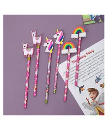 Yellow Bee Pencil with Unicorn Rainbow & Lama Motifs Pack of 6 - Multicolour