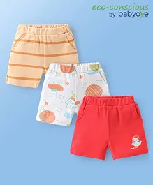 Babyoye 100% Organic Cotton With Eco Jiva Finish Shorts Stripes & Space Print Pack of 3- Red & Orange