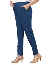 Mama & Bebe Full Length Solid Maternity Cigarette Pant With Stretchable Elastic - Dark Blue