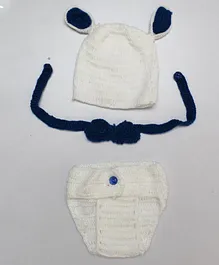 Woonie Infant Photography Thermal Wear Set Of Cap Bow Tie & Bloomer - White & Blue