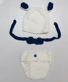 Woonie Infant Photography Thermal Wear Set Of Cap Bow Tie & Bloomer - White & Blue
