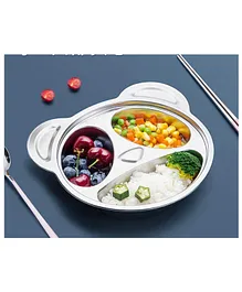 Stainless Steel Divided Meal Plate Tray 3 Compartments Dinner Dish Bear Shape Silver