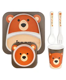 Fiddlerz Bamboo Tableware Baby Dinning Set Bear Print Pack of 5 - Multicolor