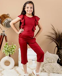 Kids Cave 100% Rayon Short Frill Sleeves Flounce Detailed Bodice Solid Jumpsuit - Maroon