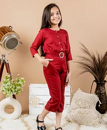 Kids Cave Three Fourth Sleeves Solid Button Down Jumpsuit - Maroon