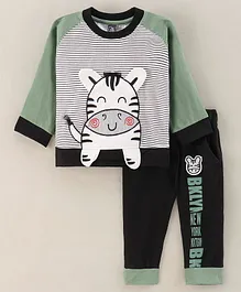Jb Club Full Sleeves Zebra Patch Striped Color Blocked Tee & Text Printed Pajama - Green