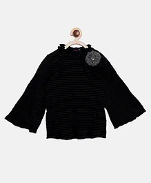 Ziama Full Sleeves Crochet Flower Applique Glittery Striped Stretchable Top - Black