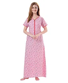 Piu Half Sleeves All Over Floral Printed Nursing & Maternity Nighty - Pink