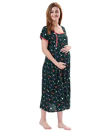 Piu Half Sleeves Hearts & Stars Printed Lace Detail Nursing & Maternity Nighty - Green