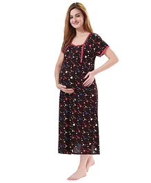 Piu Half Sleeves Hearts & Stars Printed Lace Detail Nursing & Maternity Nighty - Brown
