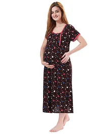 Piu Half Sleeves Hearts & Stars Printed Lace Detail Nursing & Maternity Nighty - Brown