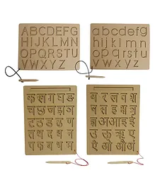 Mindmaker Wooden Tracing Slate Writing Practice Board with Dummy Pencil Set of 4 Board Capital Alphabets Hindi Alphabets and Small Alphabets - Brown