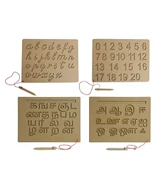 Mindmaker Wooden Tracing Slate Writing Practice Board with Dummy Pencil Set of 4 Board Small Cursive Alphabets Numbers Tamil Vowel & Consonants - Brown