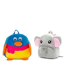 Lychee bags Kid's Velvet School Nursery Bag Penguin and Elephant Design Pack of 2 Multicolour - 14 Inches
