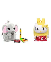 Lychee bags Kid's Velvet School Nursery Bag Hello Kitty and Elephant Design Pack of 2 Multicolour - 14 Inches