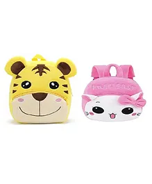 Lychee bags Kid's Velvet School Nursery Tiger and Kitty Design Pack of 2 Multicolour - 14 Inches