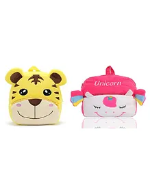 Lychee bags Kid's Velvet School Nursery Tiger and Unicorn Design Pack of 2 Multicolour - 14 Inches