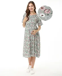 Bella Mama Woven Half Sleeves Maternity Dresses with Pocket Flower Print - Green