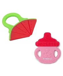 Infantso Non-Toxic Food-Grade Silicone Baby Teether, BPA-Free for Pain-Relief Easy Teething Watermelon & Pink Bottle  Pack of 2 - Green Pink