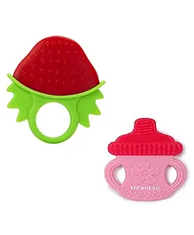 Infantso Non-Toxic Food-Grade Silicone Baby Teether BPA-Free for Pain-Relief Easy Teething Strawberry &   Bottle  Pack of 2 - Green Pink