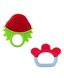 Infantso Non-Toxic Food-Grade Silicone Baby Teether BPA-Free for Pain-Relief Easy Teething Strawberry & Blue Ring  Pack of 2 - Green Blue