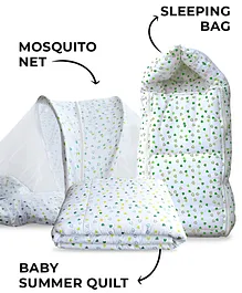 Moms Home Baby Organic Cotton Mosquito Net Quilt & Sleeping Bed Combo - White Green