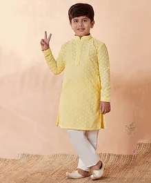 Manyavar Full Sleeves Seamless Ethnic Motif Embroidered Kurta With Pyjama - Yellow