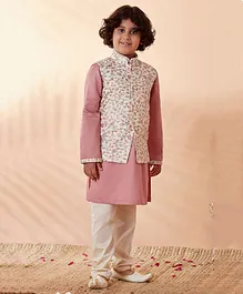 Manyavar Full Sleeves Coordinating Laced Kurta With Seamless Vintage Lotus Floral Design Detailed Nehru Jacket With Pyjama - Pink & Cream