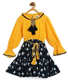 612 League Full Puffed Sleeves Floral Printed Frilled Bottom Dress  - Mustard Yellow