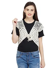 USHA ENTERPRISES Short Sleeves Crochet Shrug With Front Tie Up - Off White