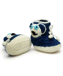MayRa Knits Hand Knitted Colour Block Animal Face Detailed Booties - Blue