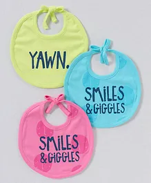 Simply Interlock Tie Knot Bibs Smiles And Giggles Print Pack of 3 - Green Blue Pink