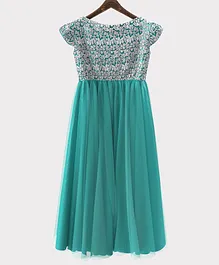 HEYKIDOO Cap Sleeves Floral Embroidered Net Gown - Sea Green