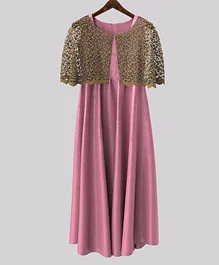 HEYKIDOO Sleeveless Solid Gown With Half Sleeves Floral Lace Shrug - Pink