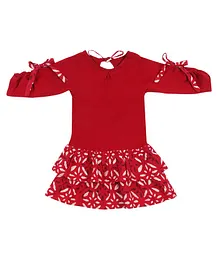 Charkhee Half Sleeves Double Frill Block Printed Dress - Red