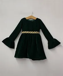 My Pink Closet Full Bell Sleeves Embroidered Chain Lace Band Embellished Velvet Dress - Dark Green
