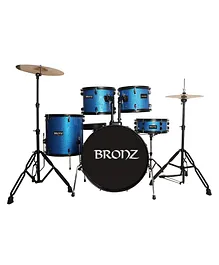 BRONZ Drum Kit with Cymbals  Black Alloy Hardware with Drumsticks 5 Pcs - Blue