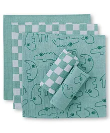 THEONI Organic Cotton Muslin Forest Friends Wipes/Washcloths Pack Of 5 - Teal blue
