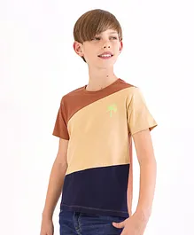 Primo Gino Half Sleeves Cotton Color Block T-Shirt With Logo Print - Brown