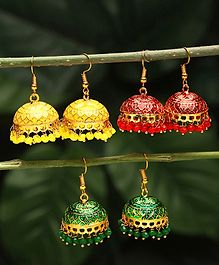 Yellow Chimes Set Of 3 Pair Meenakari Design Detailed Jhumka Earrings - Multi Colour